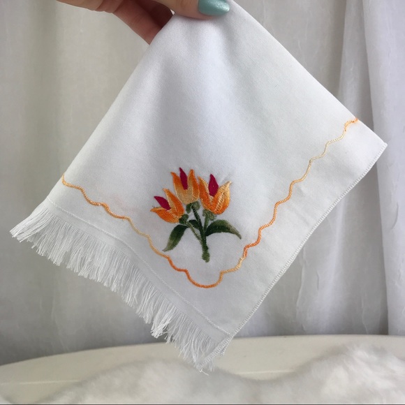 Embroidered Golden Tulips Flowers Fringe Handkerchief Vintage Style Floral - Picture 6 of 16